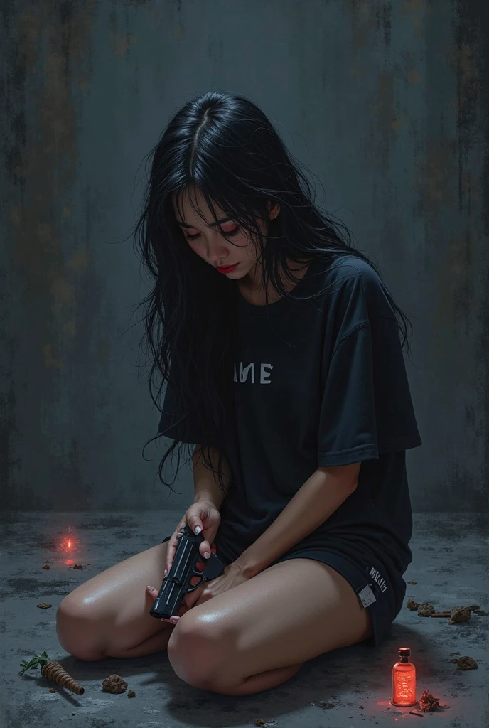 Teen girl, on floor, black hair, porcelain skin, paint stained hoodie, dirty run down apartment, single cupcake with 1 candle, depressed girl, crying, lonely, fetal position