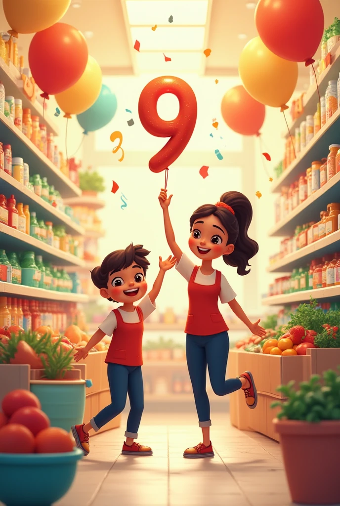 Clara and her mother at the supermarket, Clara is pointing to a teddy bear on the toy shelf