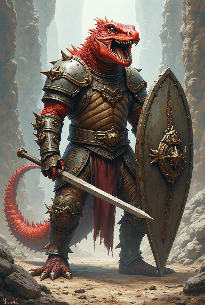 adventurer, masterpiece, best quality, Kobold, snout, horns, claws, tail, red skin, scales, sword <lora:KoboldsDND:1>