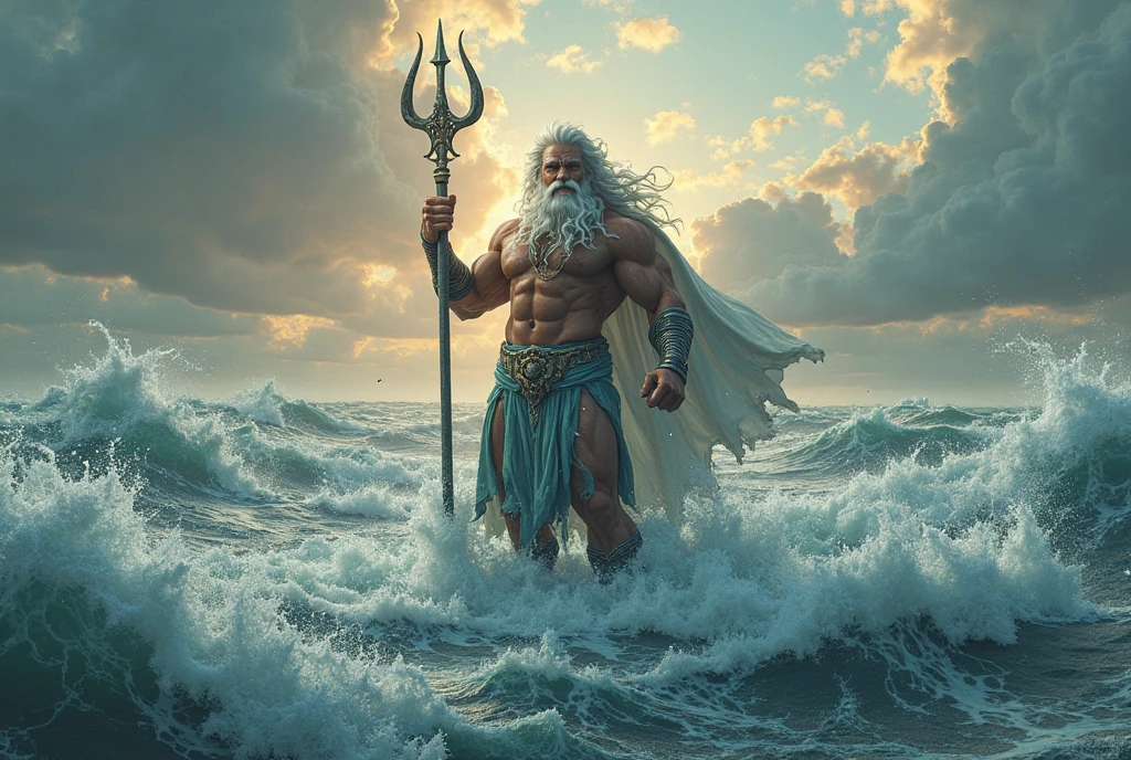 a giant Greek god Poseidon his body is translucent shining and holding his trident, he comes out from water, as if his whole appearance made with water and air, a large Viking ship sailing in the sea fighting the storm in front him, stormy night, Greek fantasy landscape near land medieval fantasy, hp Lovecraft movie frame, sharp focus, hyper realistic, intricate details, hyper detailed, 16k, UHD,  epic scenery, shallow depth of field, cinematic stormy day natural dynamic lighting