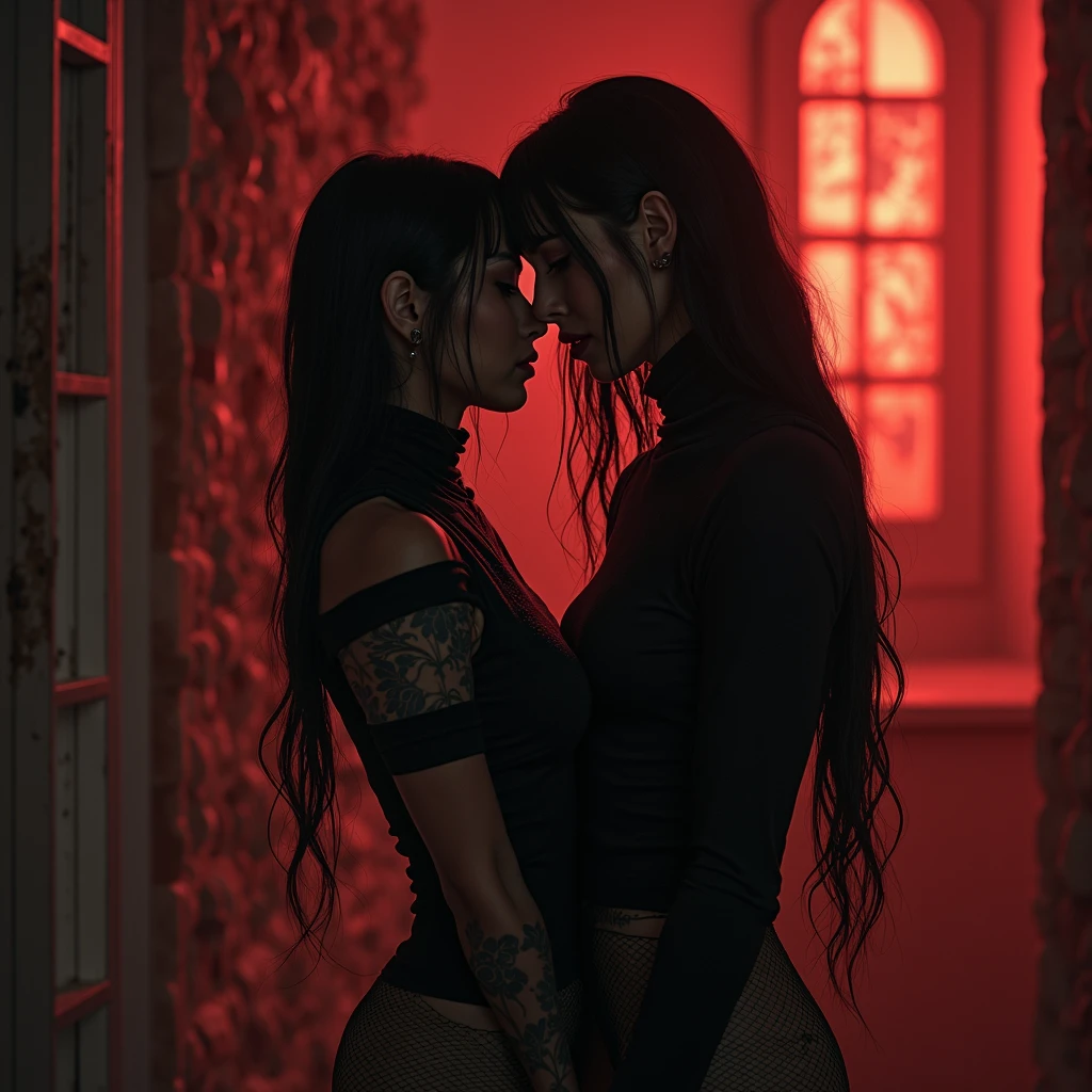 create a gothic woman image, long straight black hair, left arm tattooed with blood on hands with arms hugging each other, sexy black and gothic dress. Dark behind environment with a gothic ornate portal with an inverted pentagram in the background