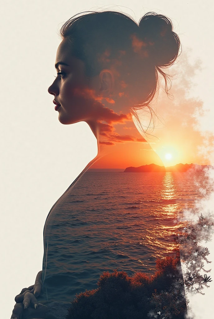 high quality, 8K Ultra HD, A beautiful double exposure that combines an goddess silhouette with sunset coast, sunset coast should serve as the underlying backdrop, with its details incorporated into the goddess , crisp lines, The background is monochrome, sharp focus, double exposure, by yukisakura, awesome full color,