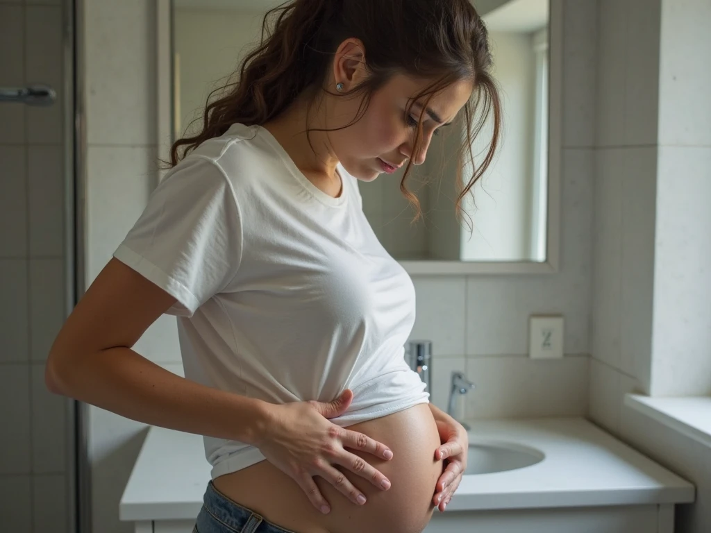 sexy pregnant girl in white joggers and white blouse, in pain, screaming, water broken, wet joggers, holding stomach with one hand, holding wall with another hand, unable to stand, stand difficulty with the support of wall, tears