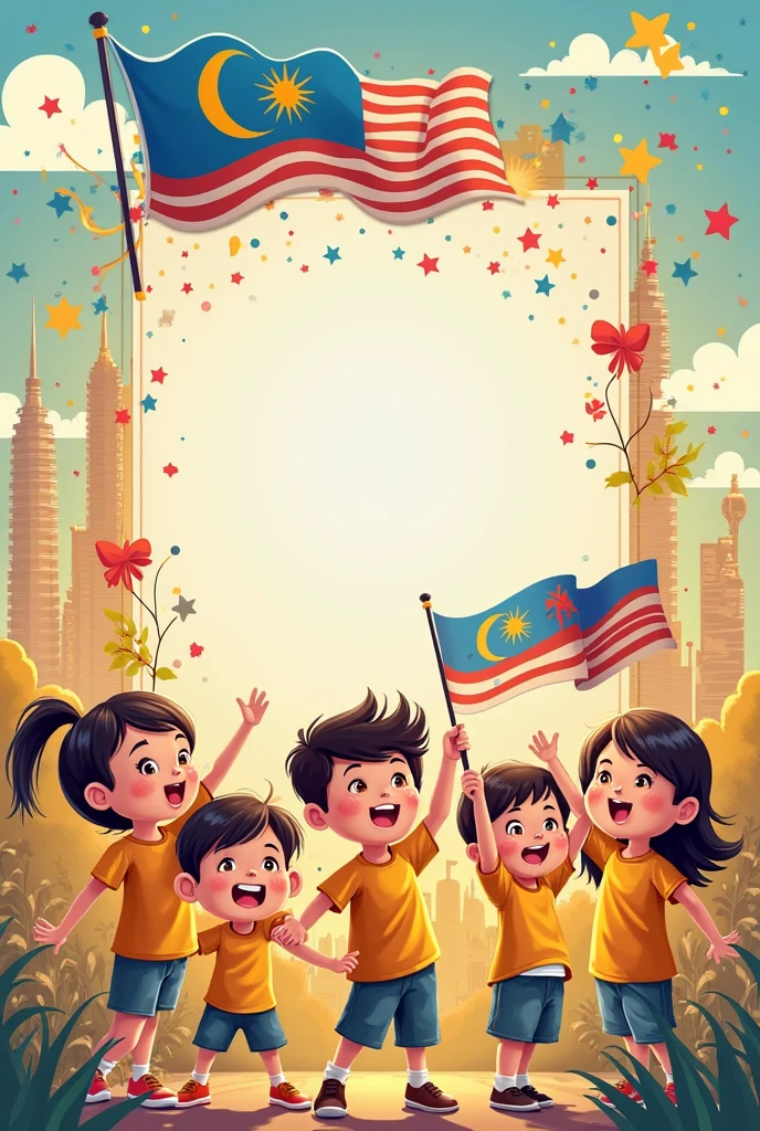 Malay boy with baju melayu, cheongsam girl and indian boy happily holding malaysian flags, cartoon, crayon color