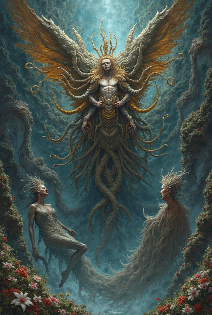 Create a mythological illustration that represents the beginning of the world with some primordial beings. Firstly, Chaos, an abstract entity of disorder and emptiness. Next, Gaia, the earth, represented as a majestic and fertile female figure. Finally, Eros, love, as a graceful and luminous entity. Show Gaia giving birth to Ouranos, the sky, and together, they create the Titans. Include Ouranos locking his children deep within the earth and Gaia, tired of imprisoning her descendants, creating a great scythe and passing it on to her son Kronos. The image must be rich in detail, with an epic and dramatic tone