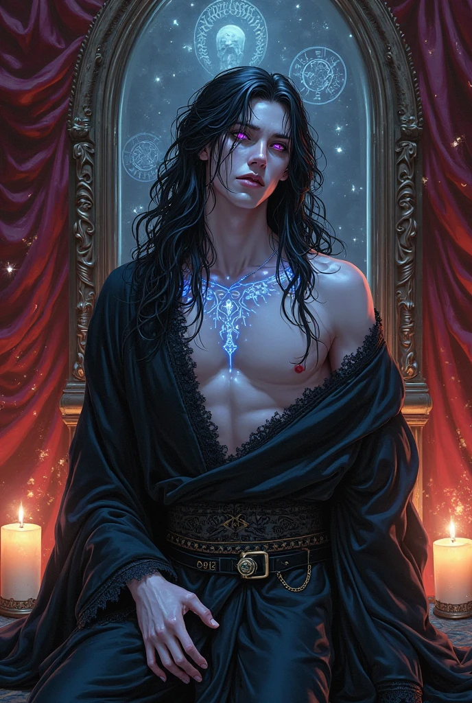 masterpiece, highest quality, solo focus, (perfect face: 1.1), (high detail: 1.1), dramatic, 1guy, (pale skin), long black hair, dark eyes, solo, long hair, moon, night, white luxury set, covered navel, pout, covered, jazz club, detailed background, art by artgerm and greg rutkowski, gothic renaissance, film lighting,