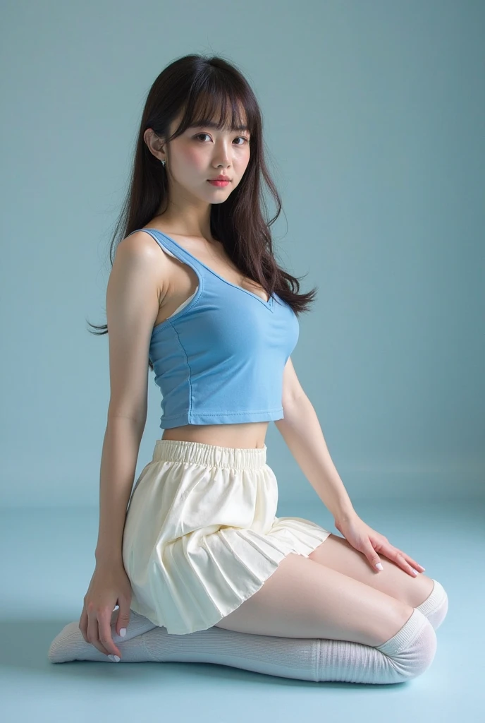 Two 10-year-old, Japanese elementary school girls, 110 cm tall and small titsed, (Flat chest), are walking to school and Walking to school with a randoseru, wearing Baby blue micro mini high cut skirt, Baby blue micro mini high cut tank tops, ((The fabric is thin so it's see-through)), ((navel-baring)), (The fabric is so thin that the shape of my nipples is clearly visible), (The fabric is so thin that you can clearly see the shape of my vagina through my panties),
