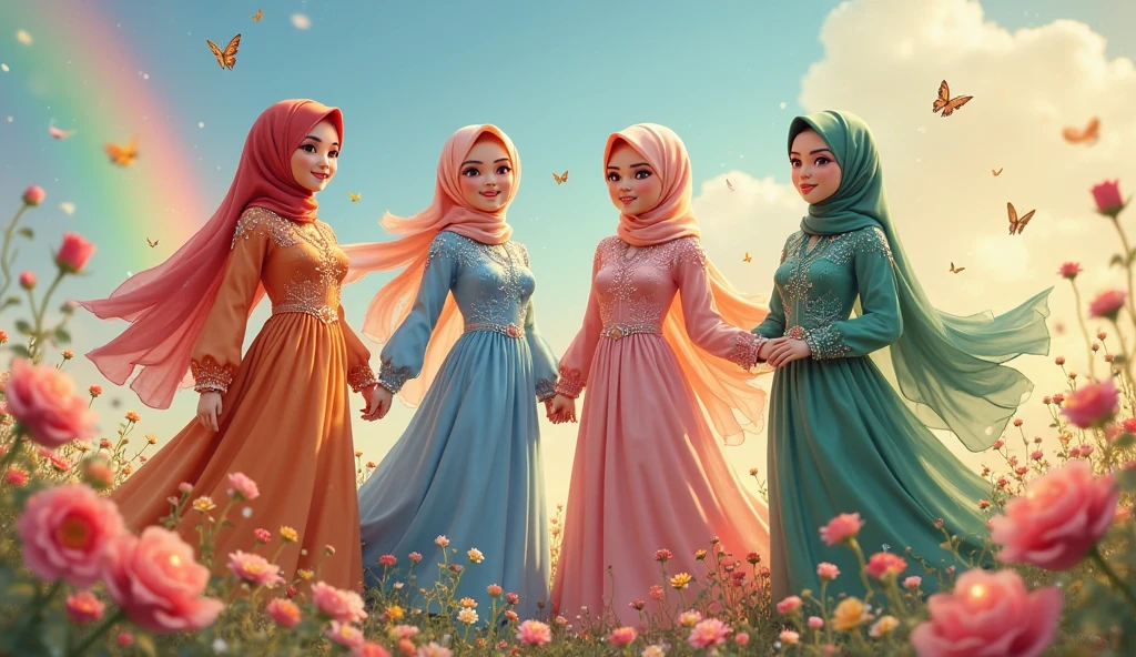 3 adult girl wearing a shawl hijab with a drawstring chiffon top, wearing a tiered chiffon skirt with floral motifs, wearing a watch and bracelet, wearing beautiful sandals, wearing a small leather backpack on her back while smiling happily, is in a fairy tale house, there is a mushroom house and there are 4 a beautiful fairy in human form and seven dwarfs
