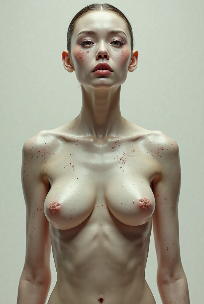 this white redhead woman named Lagertha, ((( very pale skin ))), ((( clear blue eyes ))), ((( orange short hair with bangs ))), lovely and beautiful serious face, freckles, fully naked, wonderful and perfect realistic naked body, perfect naked breasts, realistic , perfect red lips, textured skin, white background