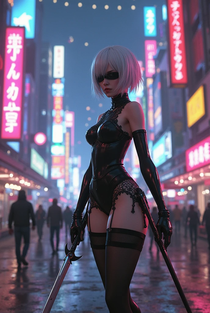 ((masterpiece, 8K, best quality, high resolution:1.3)), (a very attractive woman with a perfect body doing a cosplay of the character 2B:1.2), (she is wearing a black and white outfit with intricate details and a short skirt:1.2), (her outfit includes a black corset, white gloves, and thigh-high boots:1.2), (her hair is styled in a sleek, silver-white bob:1.2), (she is holding a katana with a confident and powerful stance:1.2), (her eyes are covered by a black blindfold:1.2), (the background features a futuristic, cyberpunk cityscape with neon lights and towering buildings:1.2), (the scene is set at night, with the city lights creating a vibrant and atmospheric backdrop:1.2), (her expression is serious and focused, capturing the essence of the character:1.2), (Canon EOS 5DS R camera, perfect for capturing the detail and beauty of the scene:1.2), (paired with the Canon EF 85mm f/1.4L IS USM lens:1.2), (the scene is illuminated with dramatic, moody lighting from the city lights:1.2), (the composition showcases the intricate details of her cosplay and the futuristic setting:1.2), (a moment frozen in time, capturing the essence of cosplay artistry and character embodiment:1.3), (ultra photorealistic, highlighting her features and the vibrant city backdrop:1.3), (an image that transports viewers to a captivating and immersive moment:1.2), (a scene that exemplifies the beauty of cosplay in a futuristic setting:1.2), ((((pert ass)))), Cinematic, Hyper-detailed, insane details, Beautifully color graded, Cinematic Lightning, Insanely detailed and intricate, Hyper maximalist, Volumetric, Full color, HDR, shallow depth of field, high budget Hollywood film, cinemascope, moody, epic, gorgeous
