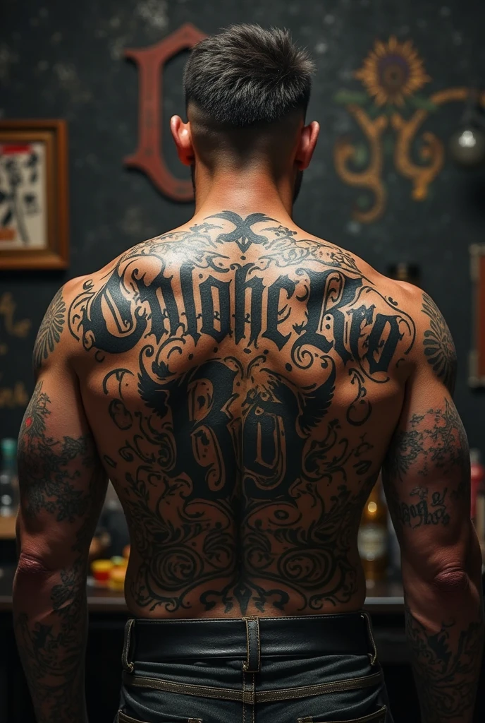 Floral tattoo with the name Carolina for a black-skinned man