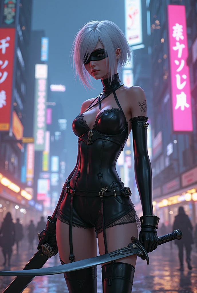((masterpiece, 8K, best quality, high resolution:1.3)), (a very attractive woman with a perfect body doing a cosplay of the character 2B:1.2), (she is wearing a black and white outfit with intricate details and a short skirt:1.2), (her outfit includes a black corset, white gloves, and thigh-high boots:1.2), (her hair is styled in a sleek, silver-white bob:1.2), (she is holding a katana with a confident and powerful stance:1.2), (her eyes are covered by a black blindfold:1.2), (the background features a futuristic, cyberpunk cityscape with neon lights and towering buildings:1.2), (the scene is set at night, with the city lights creating a vibrant and atmospheric backdrop:1.2), (her expression is serious and focused, capturing the essence of the character:1.2), (Canon EOS 5DS R camera, perfect for capturing the detail and beauty of the scene:1.2), (paired with the Canon EF 85mm f/1.4L IS USM lens:1.2), (the scene is illuminated with dramatic, moody lighting from the city lights:1.2), (the composition showcases the intricate details of her cosplay and the futuristic setting:1.2), (a moment frozen in time, capturing the essence of cosplay artistry and character embodiment:1.3), (ultra photorealistic, highlighting her features and the vibrant city backdrop:1.3), (an image that transports viewers to a captivating and immersive moment:1.2), (a scene that exemplifies the beauty of cosplay in a futuristic setting:1.2), ((((pert ass)))), Cinematic, Hyper-detailed, insane details, Beautifully color graded, Cinematic Lightning, Insanely detailed and intricate, Hyper maximalist, Volumetric, Full color, HDR, shallow depth of field, high budget Hollywood film, cinemascope, moody, epic, gorgeous