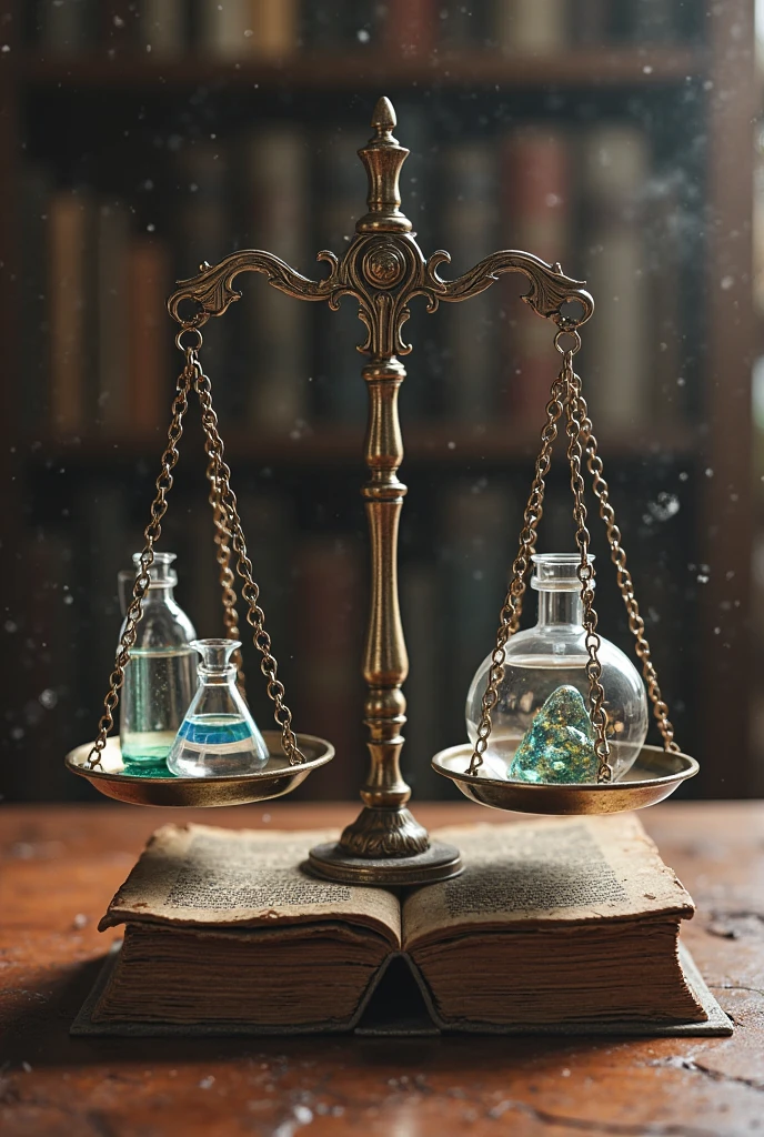 A scale with a disintegrating soul on one side and an old book on the other
 
