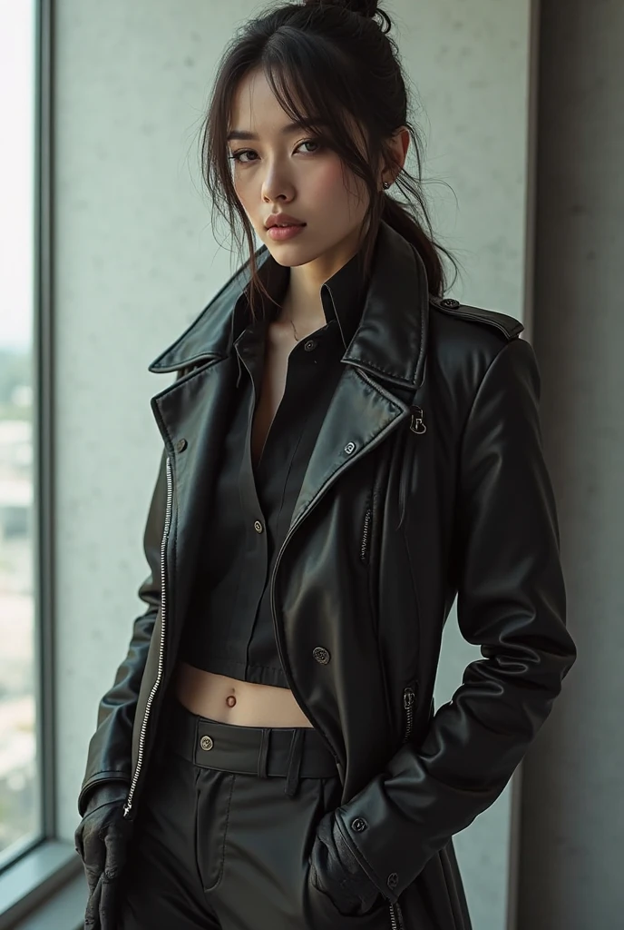 Woman With futuristic cyberpunk clothing and overcoats hyper realístic, details, Club Plates writings, Leaning pose against the wall checking The self the blade arm, While with the other finger he points to the camera