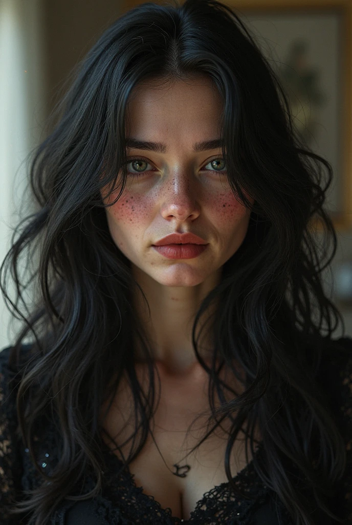 (best quality, hyperdetailed photography:1.2), beautiful lady, freckles, dark makeup, soft light, head and breast portrait, cover, (detailed beautiful face, detail skin texture, ultra-detailed body:1.1) ,((massive perfect breast)), ((snoopy breast:1.1)),((apocalyptic warrior:1.0)), strong body, red black hair, dark yellow eyes,,,,long open black coat, night, rain, thunder storm,