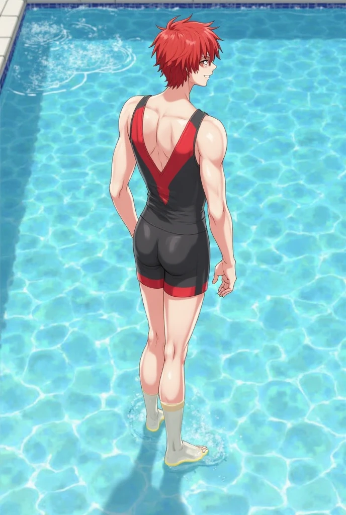 Anime boy in swimsuit standing in pool, High-cut swimwear, U-back swimsuit, rating:safe, solo, smile, Boy with short red hair, Boy standing by the pool, grin, looking_at_viewer, Show your ass, , Cool boy in black and red tank suit,A boy is looking back , cowboy_shot, shiny, shiny_hair, Boy with brown eyes, water, bangs, indoors, garments:High-cut swimwear, from_behind, from_side, pool_ladder, legs_together, highleg