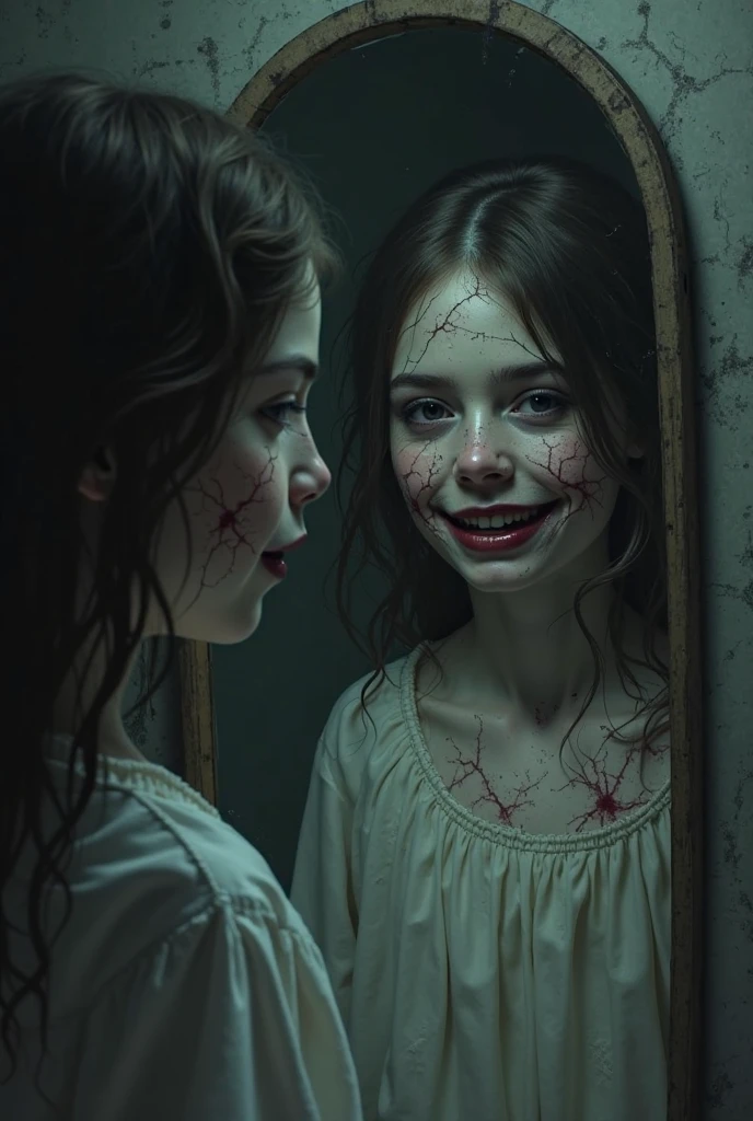 award wining masterpiece photograph converying a sense of dreadful horrors, full shot of a girl with a scary smile, searching feverishly for something, wandering silently with, detailed face, intricately detailed, dim light, exquisite backlighting,red eyes refined editorial photography, dramatic LUT