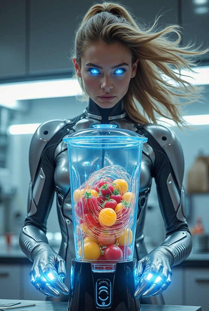 (Masterpies), the best quality, a mesmerizing cyborg girl, she stands at the checkout counter in the grocery store, scans the goods at the checkout, food racks and other customers are visible in the background, neutral dark tone.