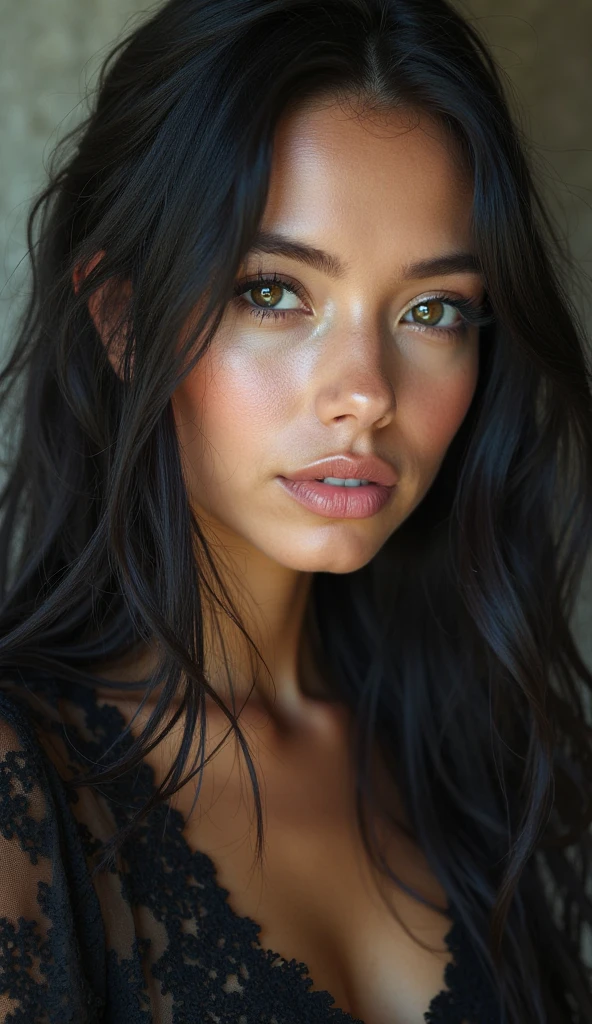 Latin woman with straight hair, green eyes, completely naked
