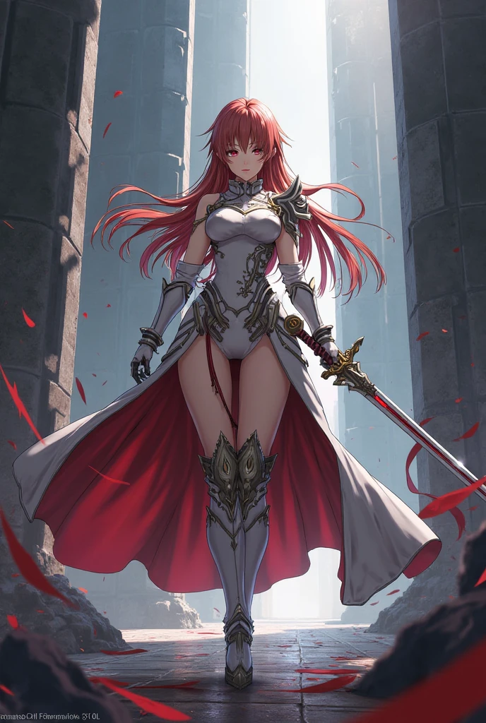 8k,Highest quality, Titania,Silver Armor,Red Hair Dress, belt, Gauntlet, gloves, Armored Boots, forest, View your viewers, walk, Arms at your sides, View your viewers,Sexy Body,Fire emblem,Serious face,With an ax.