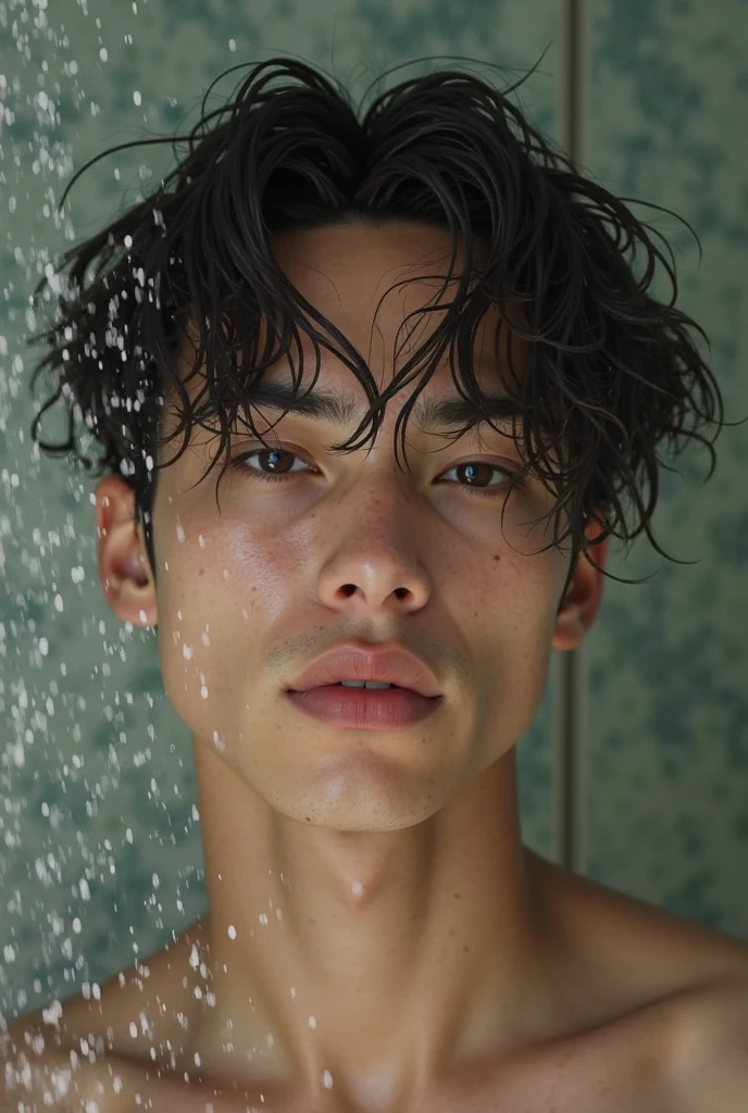 a tanned junior japanese high school boy, showering under the summer sky, detailed face, beautiful eyes, shy smiling, detailed muscles, water droplets, photorealistic, 8k, highly detailed, sun light, high lighting, dazzling, warm color tones, soft shadows, dynamic pose, full body shot
