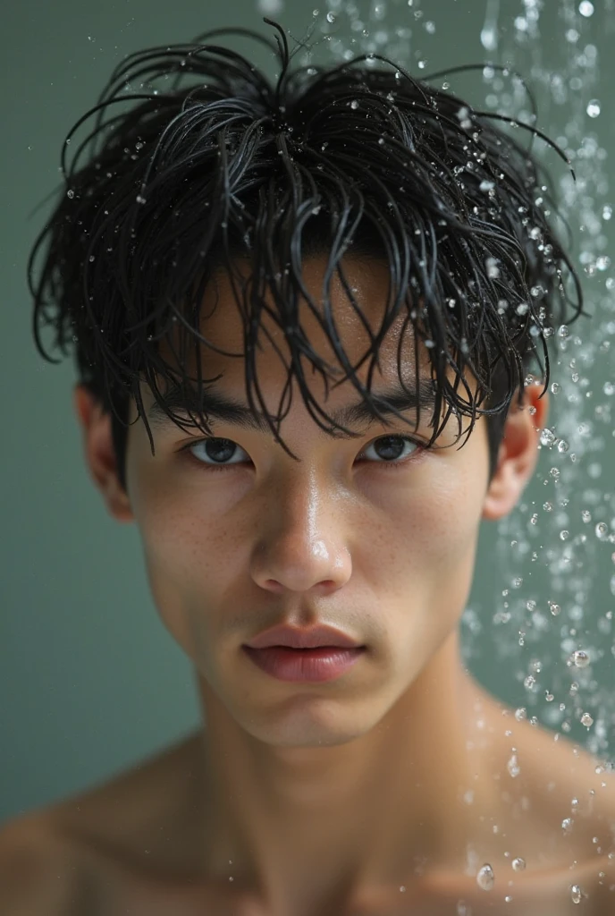(best quality, 4k, 8k, highres, photorealistic, masterpiece:1.2), ultra-detailed, realistic asian boy, 15-year-old, solo, slim body build, skinny, slender, locker room background, full-body shot, wet hair, wet body, soapy, completely nude, bubble butt, backside facing, taking a shower