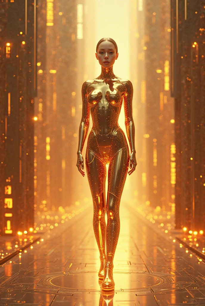 Sci-fi, cyberpunk, neon, near-future, dystopia, A woman wearing a full-face mechanical powered suit that shines dazzlingly with a golden metallic sheen from head to toe. Her face is not visible, but her body lines are feminine., Glamor, soft and curvy, body conscious, huge breast, Illumination, Outdoors, ruined street
