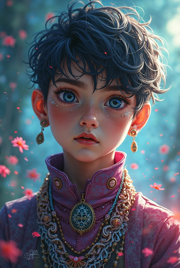 a male child, with black hair and violet eyes, dressed in medieval era clothing.