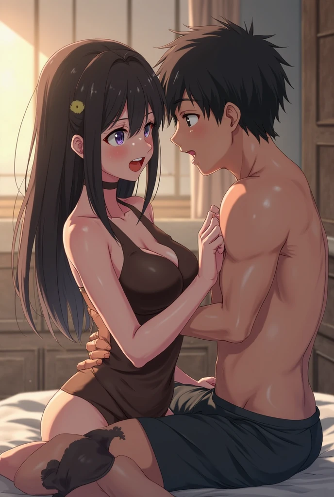 A naked handsome anime man shows big dick at bed a girl suck it