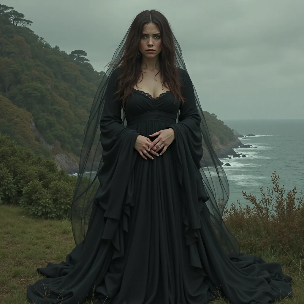 (Masterpiece.UHD.photorealistic..) (full body shot) an ultra hot gorgeous European woman. Age 23. Gorgeous face. Epic cleavage. Huge breast. (100 E size). (Random wavy hair color). She’s a dark horrific ghost pirate captain. Evil look. Ethereal. Intricate details.on a black sand beach. Cliffs on left side of the picture. Stormy weather.lightning. Strong sea. Waves. Dark clouds. low key, dark blurry background 