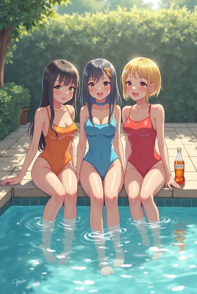masterpiece, best quality, lineart, anime screencap, sketch, (3girls, multiple girls:1.4), (multiple girls are having a pool party:1.5), (they are all wearing different colored swimsuits, bikinis:1.4), (smiling, smile, swimming, jumping into the water:1.5), light particles, (scenery, pool, swimming pool:1.3),
