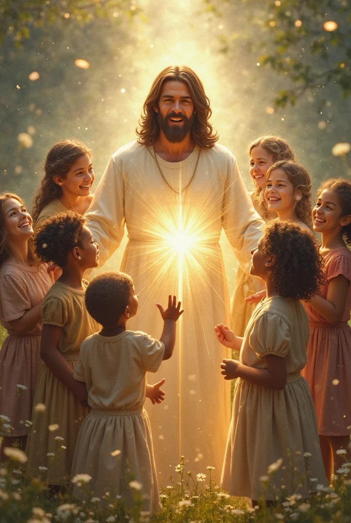 Disney-like drawing of Jesus smiling and preaching to smiling children inside the Catholic church
