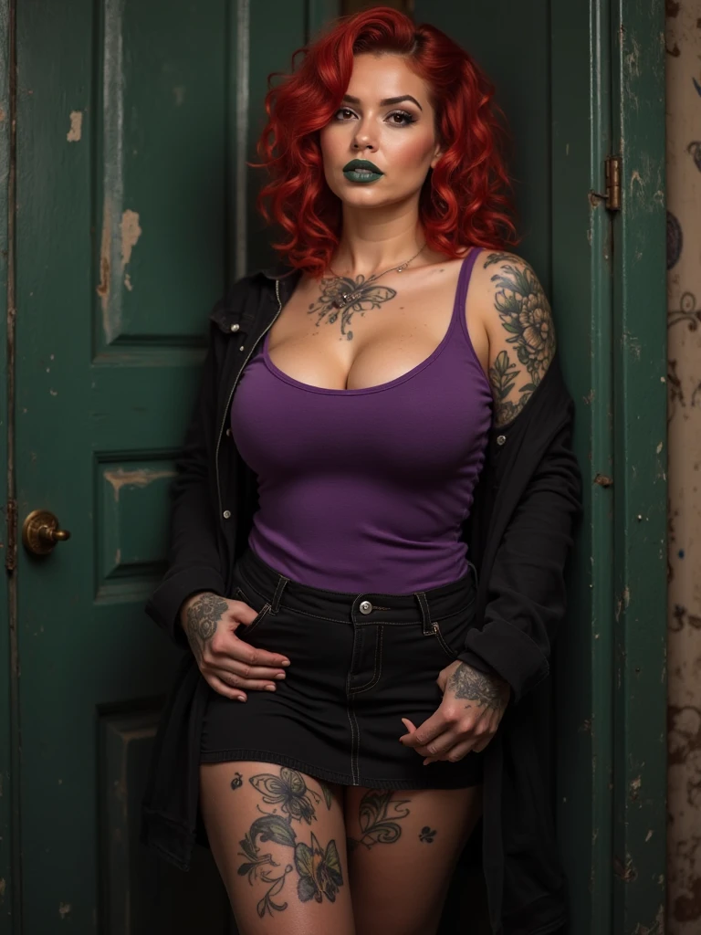 Generate an AI image of Laurence Bedard in a risqué mini dress that shows off her toned legs and emphasizes her hourglass figure, her tattoos serving as bold accessories that enhance her provocative ensemble
