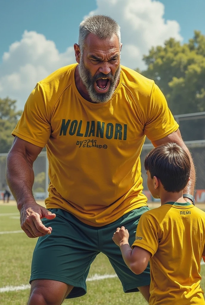 big tall hot muscular giant latino athlete male big pecs wearing a small tight tshirt in school standing next to 3 small elementary boy students young child features.