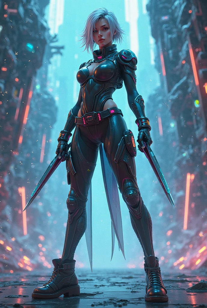 ((Full body shot, feet on the ground, front view)), ((Luana/Woman)) ({with large breasts, black with white parts/kamen Rider/Ultraman/futuristic/transparent cemi costume, with blue jewel on helmet breastplate on head, costume,/extremely tight on body, belt with a red jewel in the center}). In a futuristic city with heavy rain charged clouds in the night sky. Luana has (({short green hair with clips, blue eyes, her hair and her clothes are extremely soaked, exhibitionist landing})), is (staring at the viewer, smiling). {red cheek, front}, Kamen Rider, Tokusatsu, Mortal Kombat, anime, anime style, 16k, UHD, best quality, high quality, award winning, anatomically correct, masterpiece