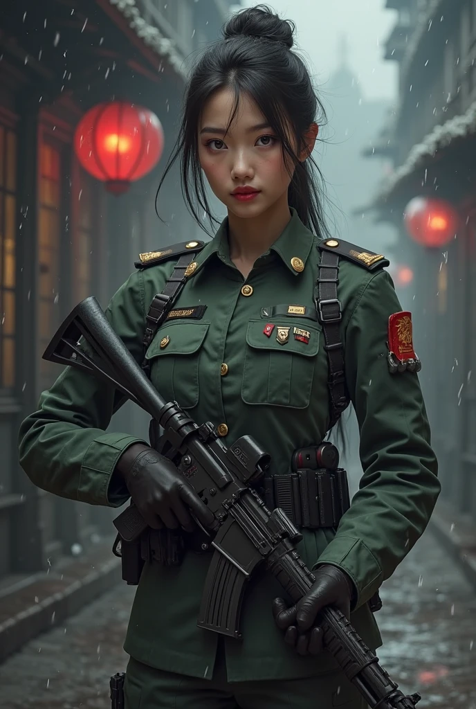 1girll, Female soldier，army suit，Dark green military uniform，Fabric texture: Armed police uniform，Pure white lining，Dark green tie，Black hair，the golden ratio,[:(com rosto detalhado:1.2):0.2]:,PureErosFace_V1, red flags，In the square，Splendid scenery，bright sun，upper body photos，Place your hands on your chest， Small flaglag of China，Night Street