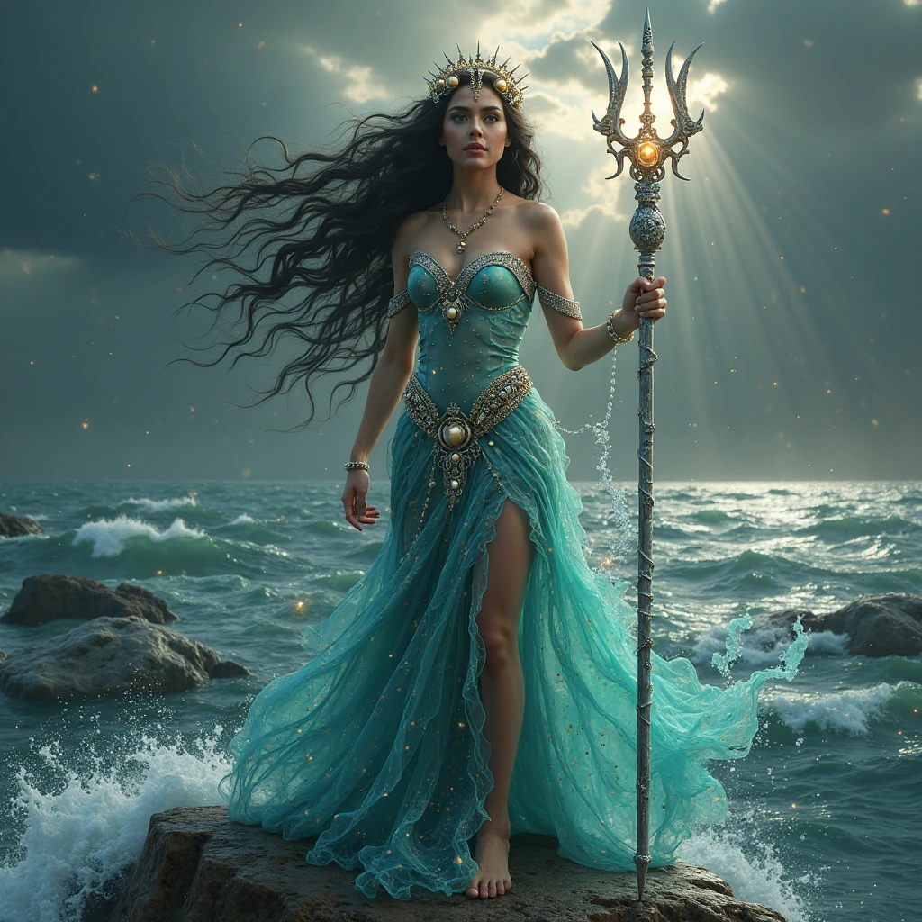 A goddess of the ocean is in an underwater cave, adorned with seashell jewelry and a silk dress flowing with the sea currents, while holding a trident in one hand and her enigmatic gaze reflecting the mysteries of the deep sea.