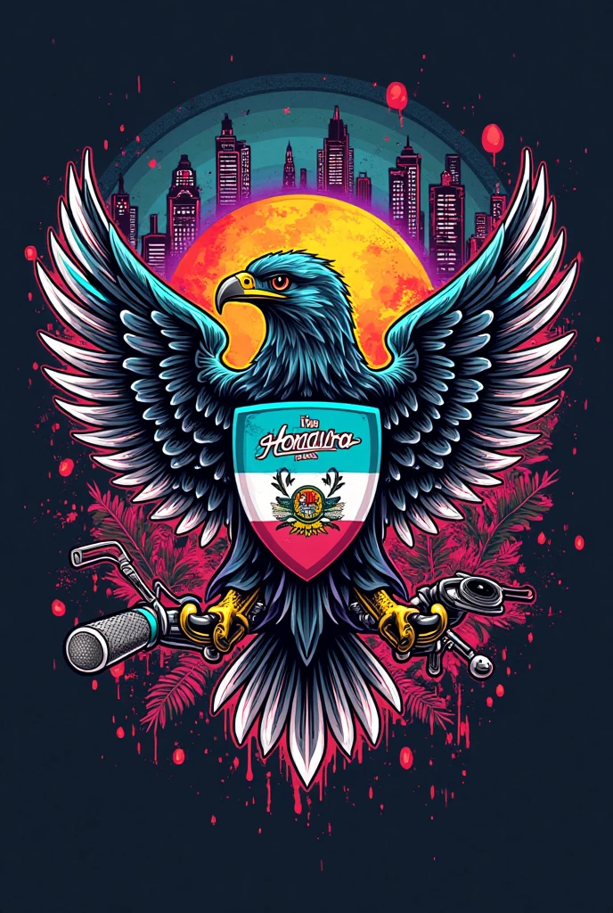  T-shirt design, Create a menacing white t-shirt with a full-length moto harley, background with flag of Portugal and an eagle emblem, highly detailed vector art, hd vector art, White background. The overall style is bold and intense, embodying the dark and edgy spirit of heavy metal music.
