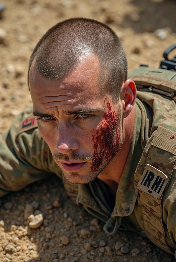 A handsome american male soldier with brown eyes and crimson red hair, he wears a navy seals outfit with blood on his face, warzone background, call of duty