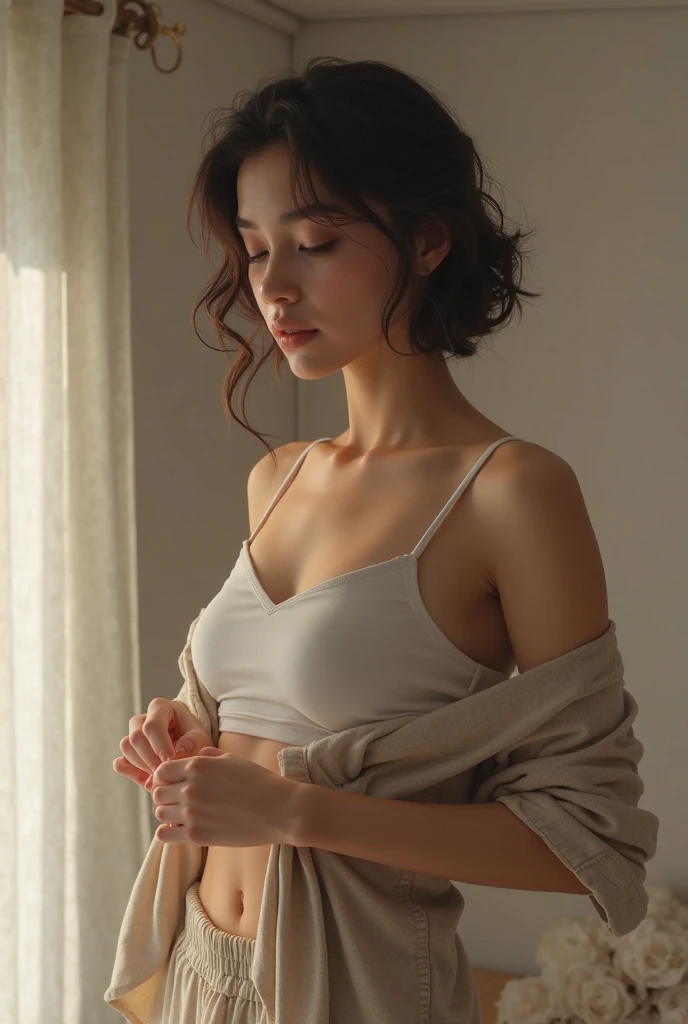 Ultra-high quality photos, RAW photo, beautiful detailed face and eyes, (photorealistic:1.4), best quality, highres, realistic, 16k, caustics, Core shadow, dynamic light, beautiful and delicate lips, delicate fingers, detailed pupil, real human skin, (Extremely detailed), RAW photo, nsfw, panty shot, sitting woman, 25 yo, (bangs hair:1.2), faint lips, cowboy shot,  from below , (high contrast hair,  half updo hair:1.36), water eye,
(freckles, mole:0.2), (skin spots, acnes, skin blemishes, age spot, lanugo, pimple, blood spot, dirty,:0.2)
(in the in bathroom:1.3), her peaceful expression and gentle breathing create a calming atmosphere