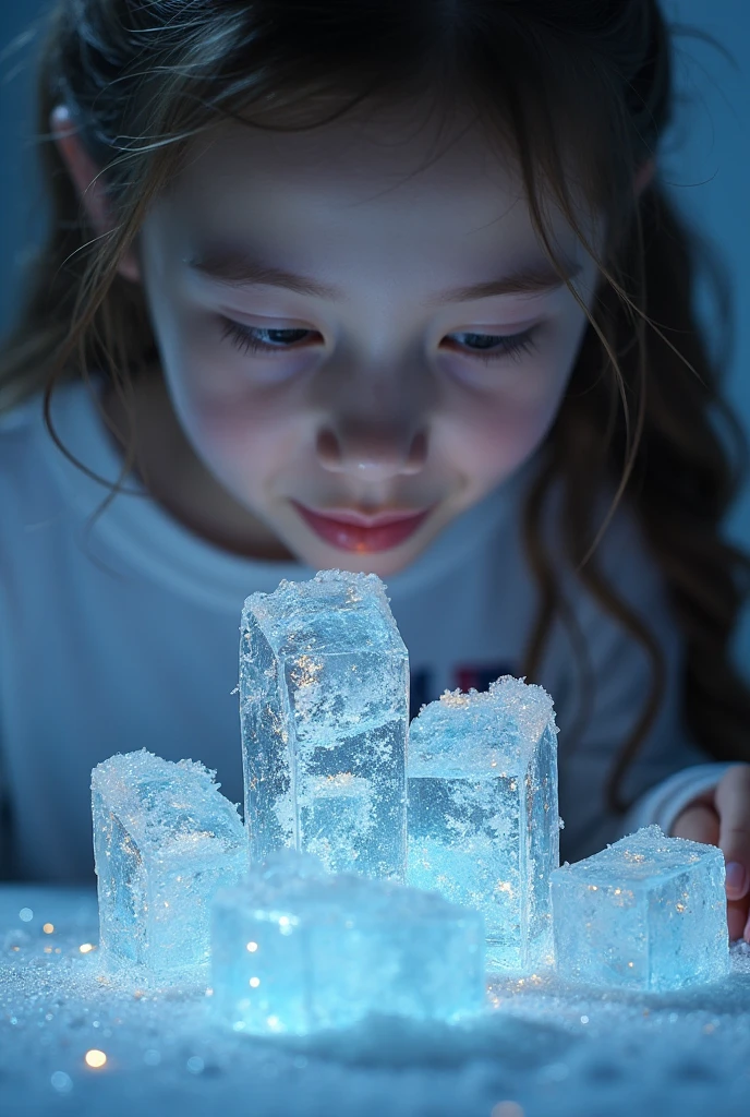 a close-up of a blonde child with long hair, BIG BALL OF ICE IN HAND.