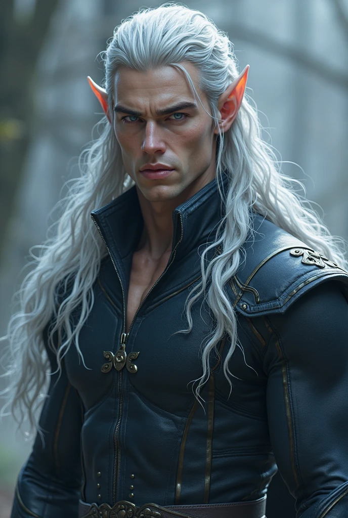 (best quality), 1boy, mature man, tanned skin, silver hair, medium hair, hair loosely combed back, brown eyes, perfect eyes, muscular, handsome, cold expression, (elf), fantasy clothes, fully clothed, clean shaven face, masterpiece, anatomically correct, highres
