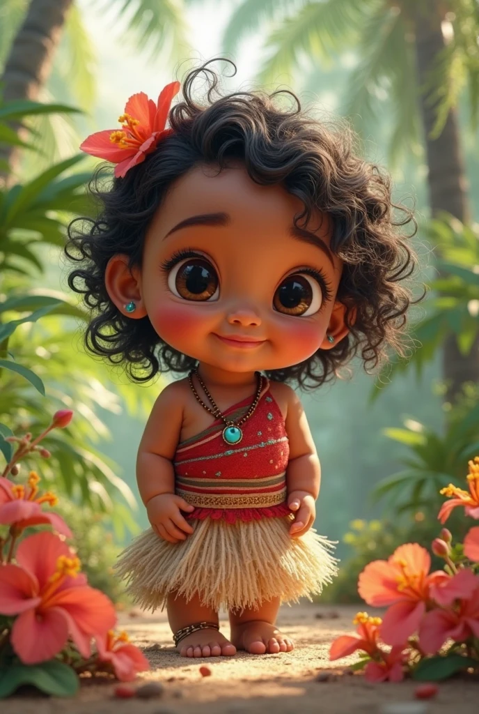 Create a scene where an adorable real baby girl is wearing a costume of the cartoon character Moana ultra realistic 4k motion camera