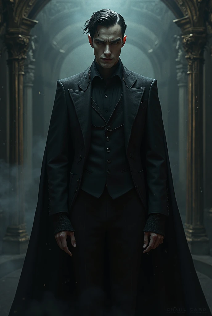 A demonic king with human appearance red eyes short black hair male wearing a suit with a young black robe 4K