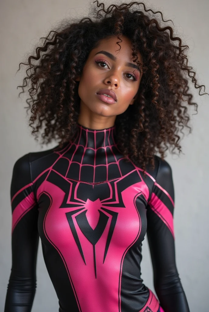Spider Gwen with brown eyes and skin with curly shoulder length hair 