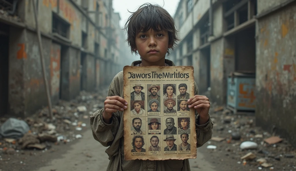 In a sombre and poignant black and white scene, a , with an expression of tenderness and hope, extends a book to a soldier in the middle of a devastated battlefield. the boy, with simple and worn clothes, It seems to contrast with the harshness of the war environment that surrounds it.. The soldier, covered in dust and with a look of surprise and gratitude, receives the book with hands marked by conflict. At the bottom, The landscape shows the desolation of war: debris, smoke and destroyed structures, all under a greyish sky that emphasizes the melancholic tone of the image. This scene captures a moment of humanity and hope in the midst of adversity..