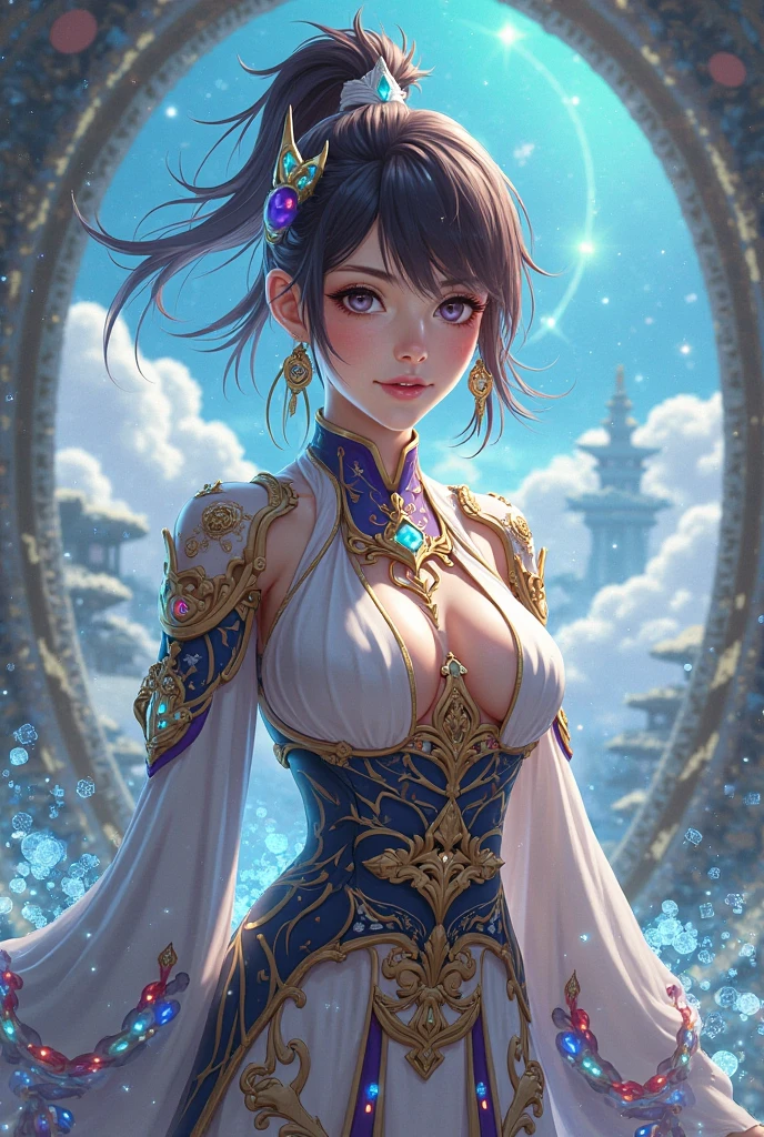 (masterpiece、top-quality、top-quality、Official art、Beautifully Aesthetic:1.2)、(1girl in)、ighly detailed、(Fractal Art:1.3), (watercolor paiting:1.3), colourfull、highestdetailed, ((short hair with bangs)), Colossal tits