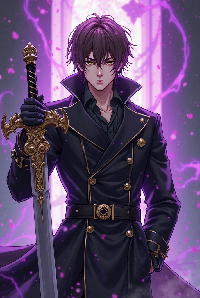male, handsome, hell, purple flame, purple flame hand, skull, chain, tatoo, bats, bone, blood, glowing eyes, purple eyes, dark red hair, emperor dark outfit