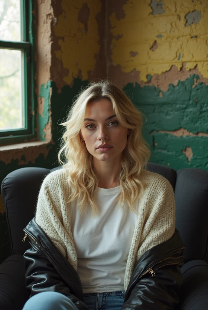 picture of a 28 year old danish blonde girl doing different poses and looking direcly at the camera for a photoshoot in good lighting. She is wearing a brown oversized sweater. She is standing against a wall