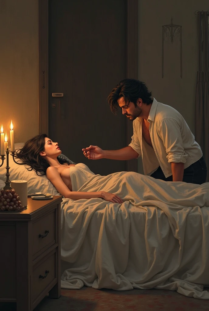 A handsome young man has beautiful hair. He is lying on the bed with his shirt unkempt. A girl dressed in an old fashioned dress was crouching down beside the bed in the old house and was beckoning the young man to come with her finger on the note.